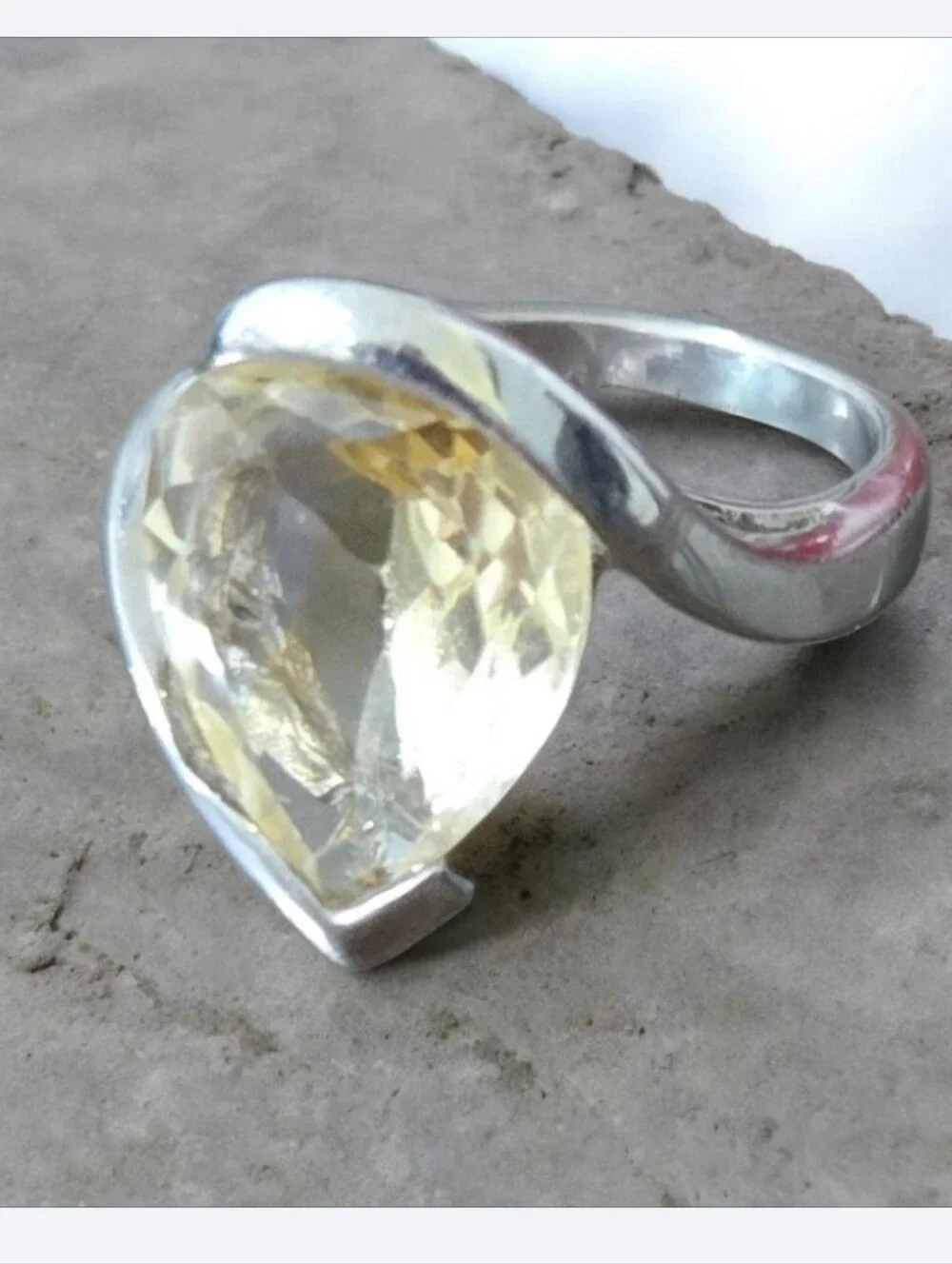 Silver Ring with Light Yellow Teardrop Gem 925  Women's Jewelry